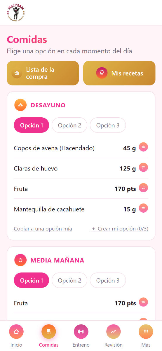 Pantalla de comidas de la app MAITEAM: opciones de cada comida con sus gramos