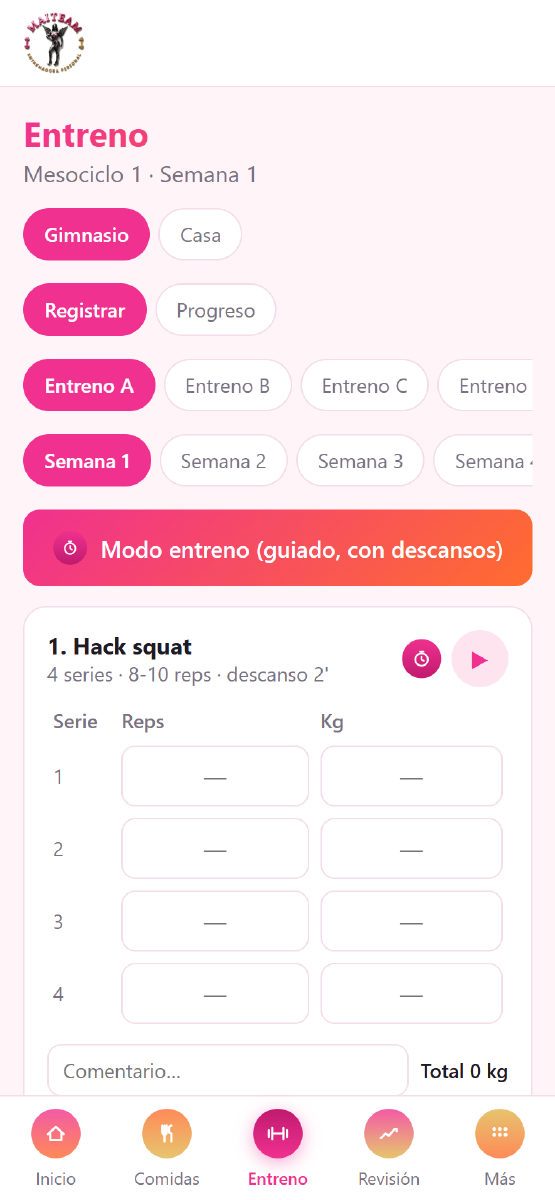 Pantalla de entreno de la app MAITEAM: ejercicios con series, repeticiones, kilos y modo entreno guiado