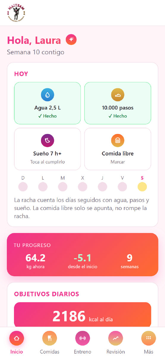 Pantalla de inicio de la app MAITEAM: hábitos de hoy, tu progreso y objetivos diarios